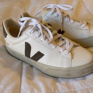 Veja White Leather Sneakers with Charcoal V Accent